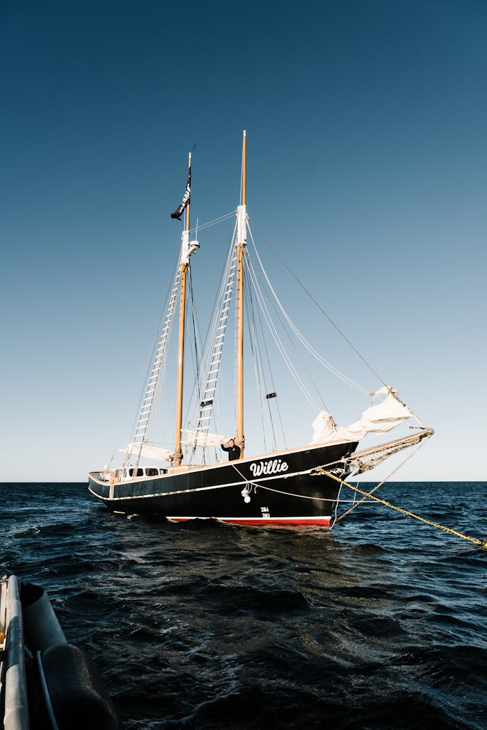 about-us A classic tall ship named Willie sailing on calm waters under a clear blue sky, ideal for nautical themes.
